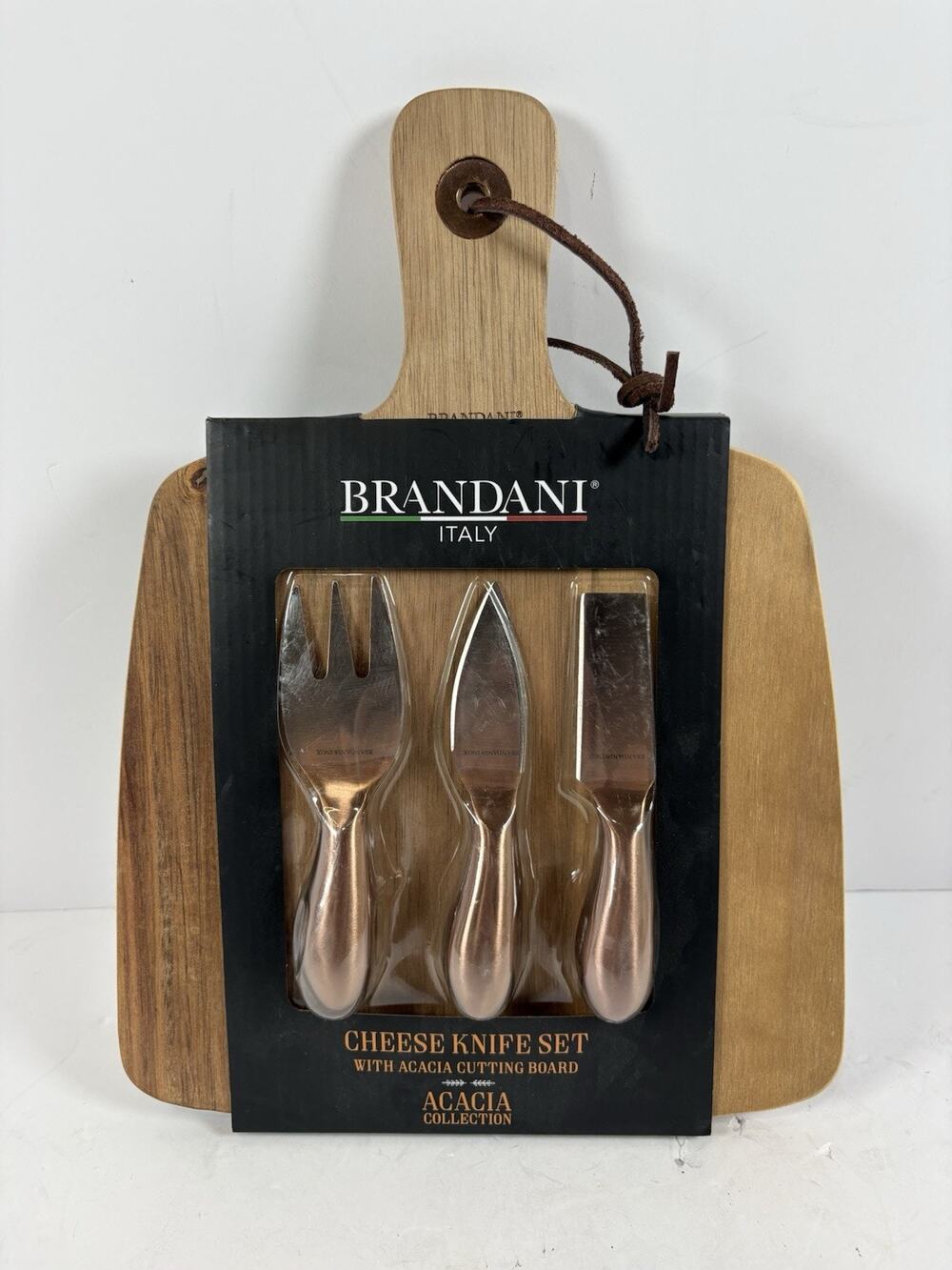 Brandani Italy Cheese Knife Set Acacia Wood Cutting Board 3 Pc New Gift Box